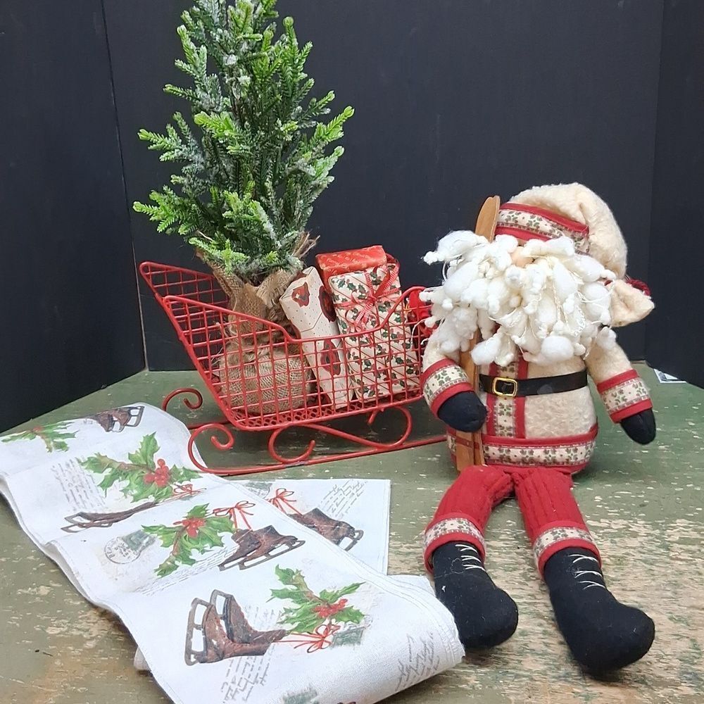 Rustic 20" soft body  Santa Claus with skies, sleigh with tree and table runner